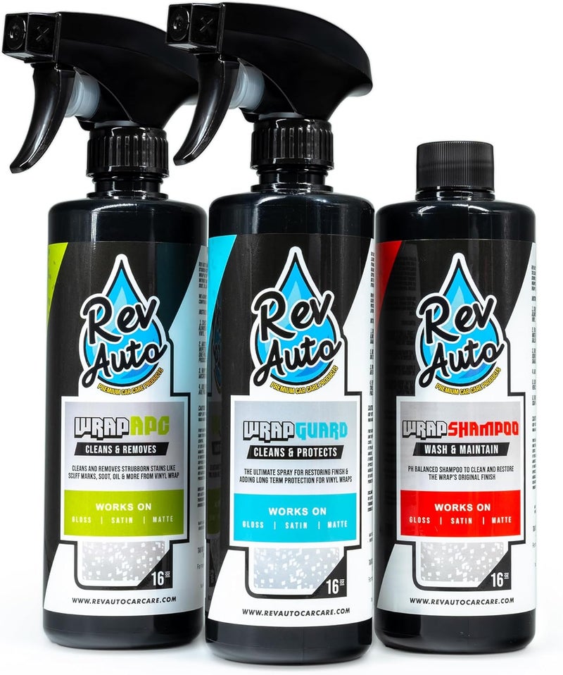 Rev Auto Vinyl Wrap Cleaner Kit – 3-Item Set Includes Wrap Detailer, Shampoo & Light Stain Remover | Made for Gloss, Satin, Matte, Chrome & More - Image 1